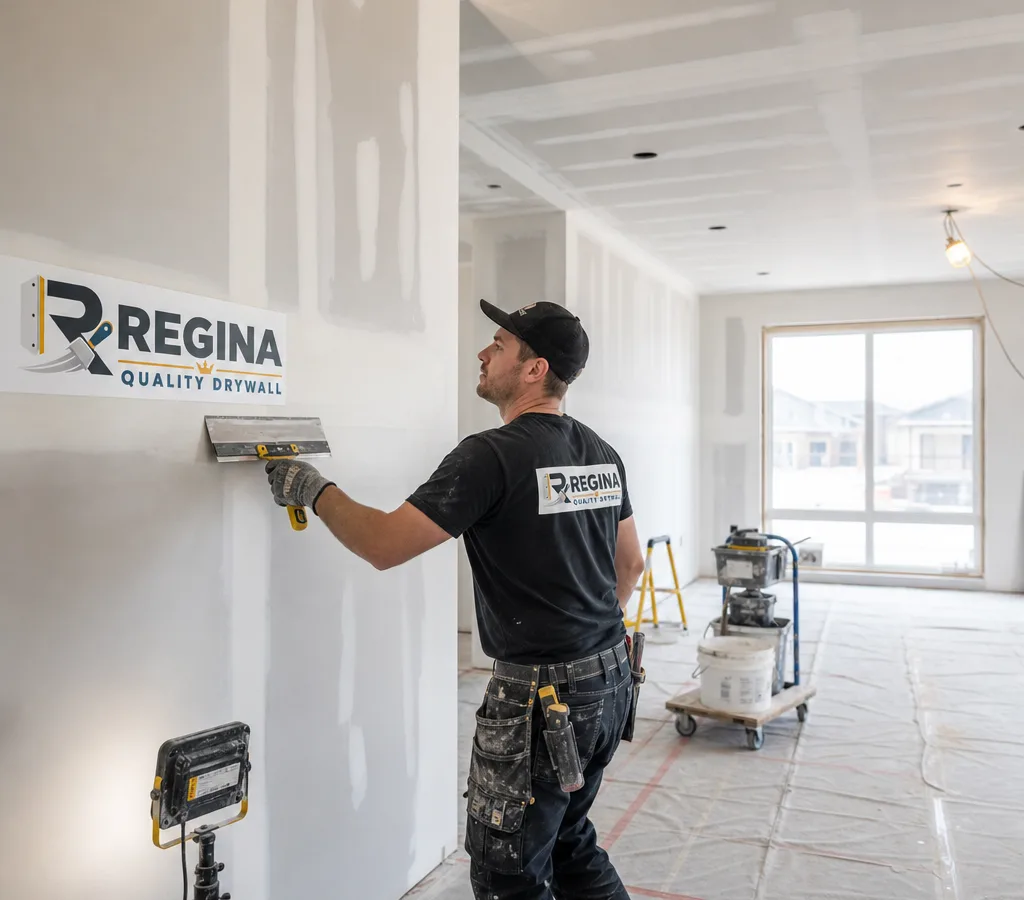 Drywaller finishing a taped seam in a protected Regina home