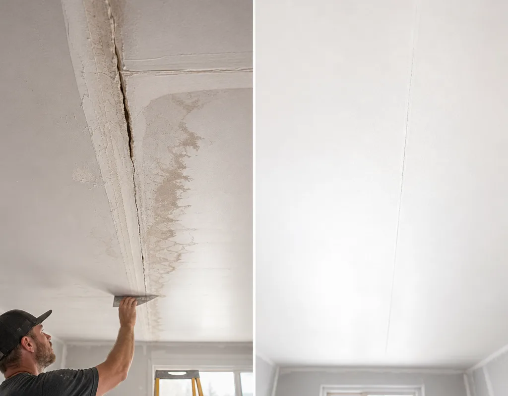 Before and after of a ceiling joint crack repaired to an even finish