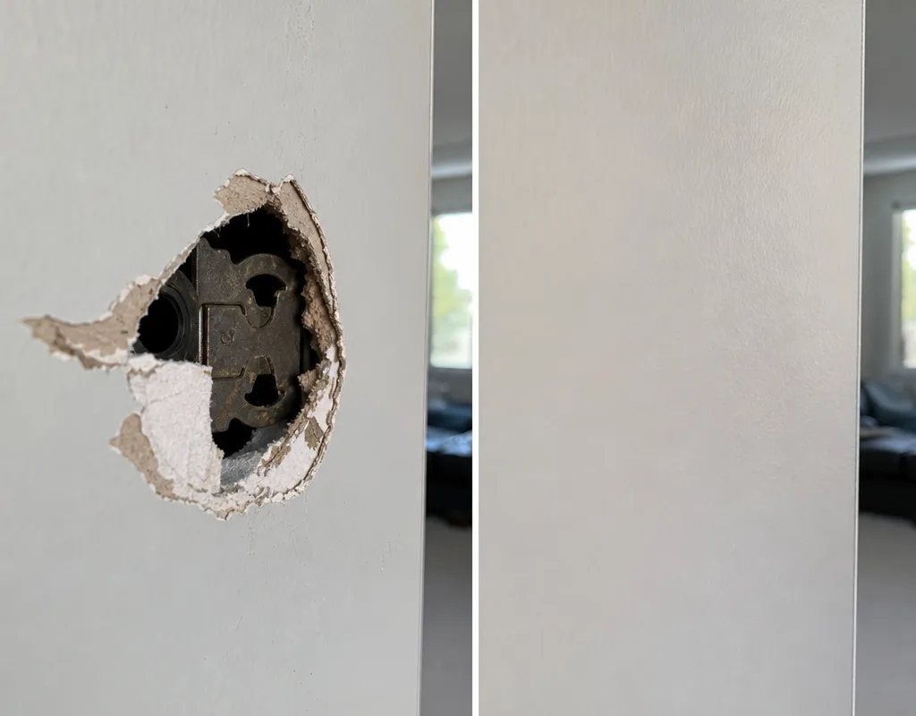 Before and after of a doorknob hole repaired to a smooth paint-ready surface