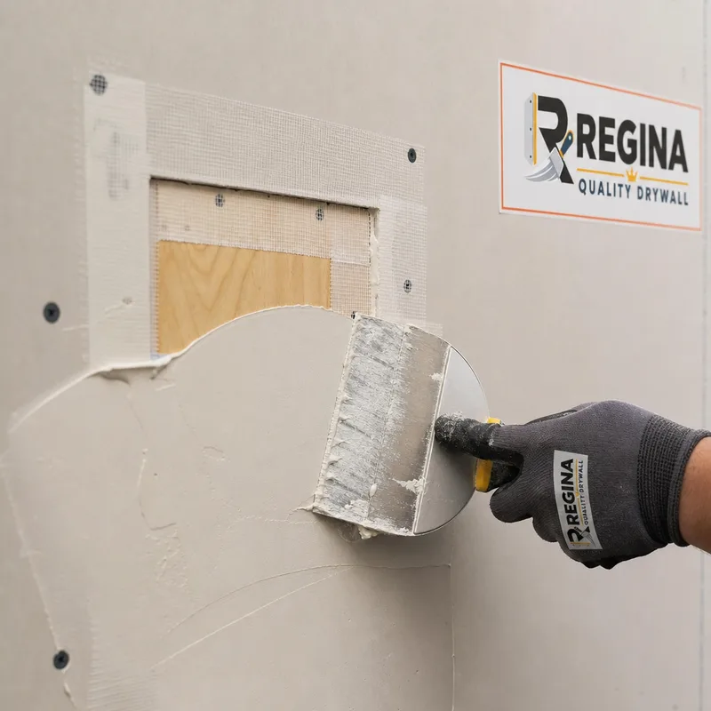 Cleanly backed and taped drywall patch receiving a wide feathered coat