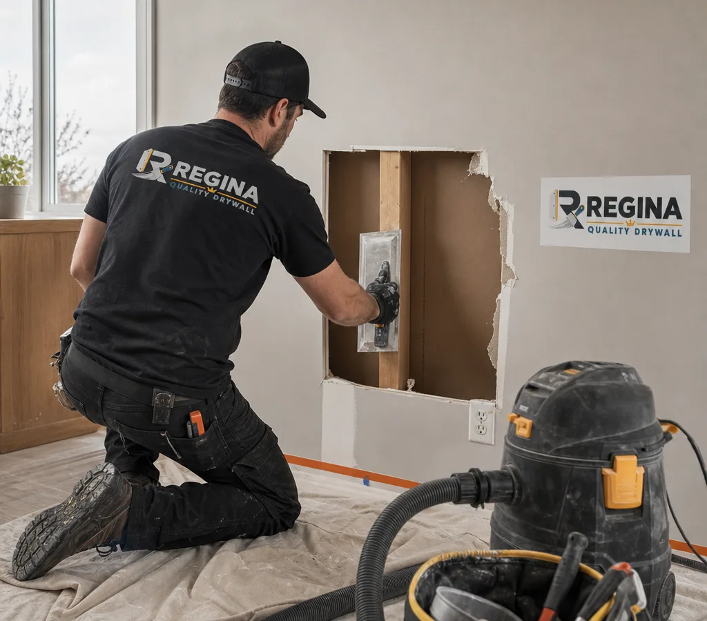 Technician repairing damaged drywall in a protected Regina home