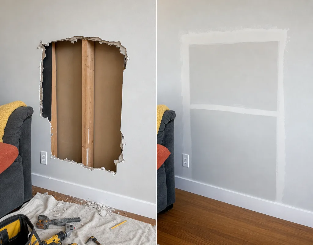 Before and after of a large living-room drywall cut-out repaired to a smooth paint-ready finish