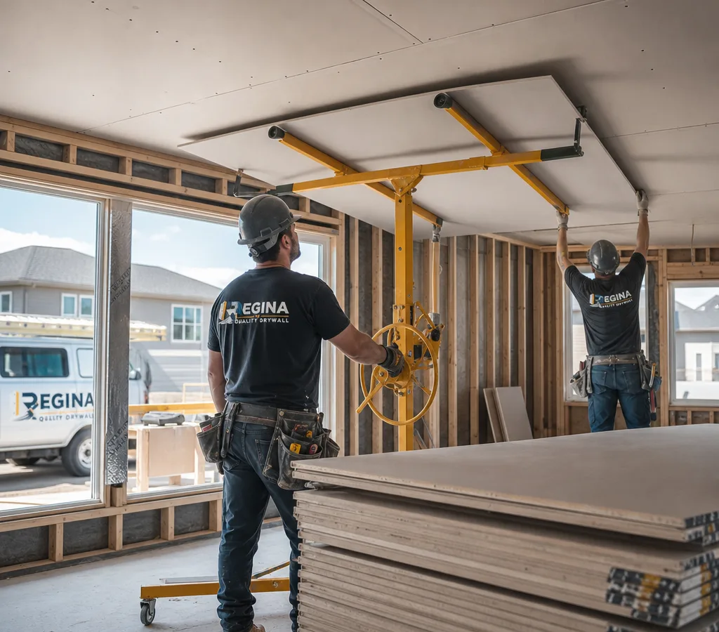 Drywall crew hanging ceiling sheets with a lift in a Regina home
