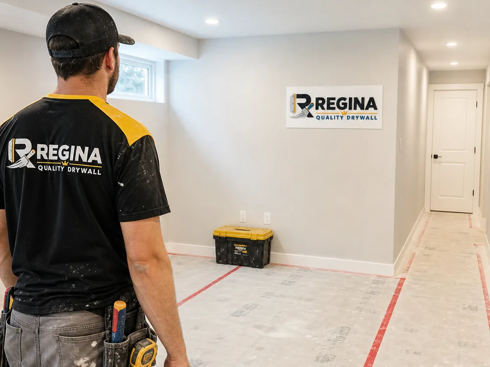 Finished basement with freshly sanded drywall, straight ceiling lines, clean corners, and protected floors