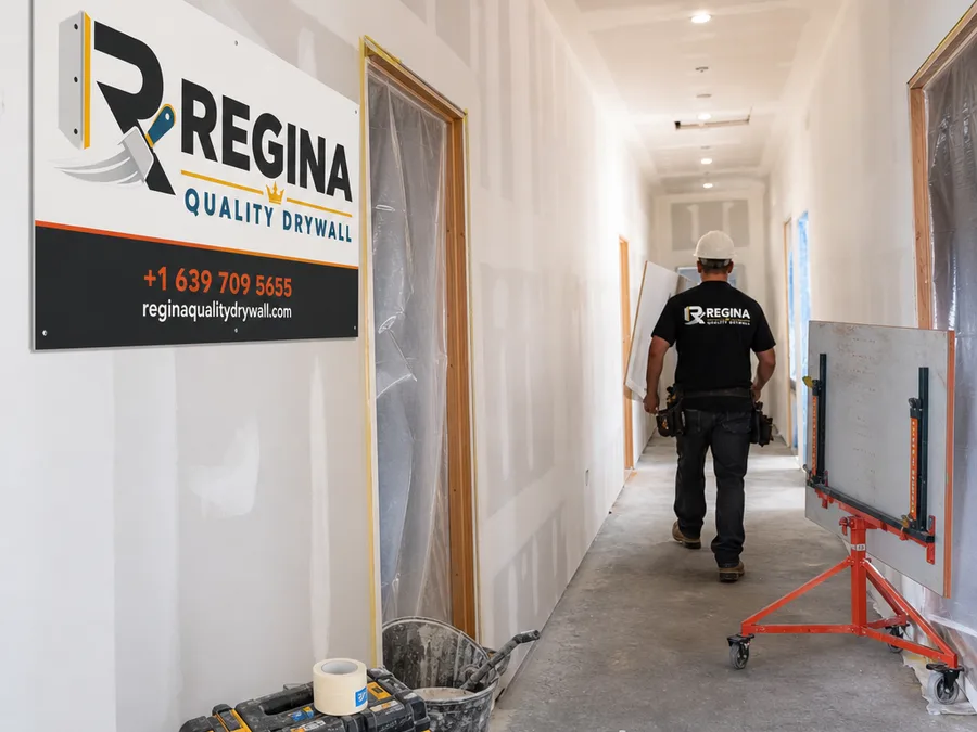 Commercial renovation corridor with newly installed and taped drywall, protected doorways, and clear walkways