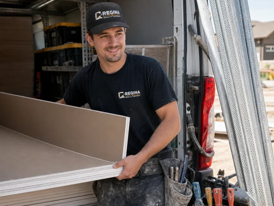 Regina Quality Drywall crew member loading drywall supplies and tools